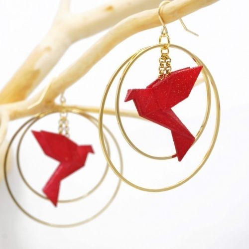 Hoop earrings with origami bird double ring