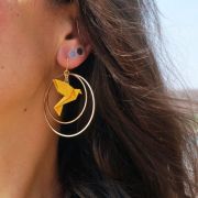 Boucles d'oreilles créoles avec oiseau origami double anneau