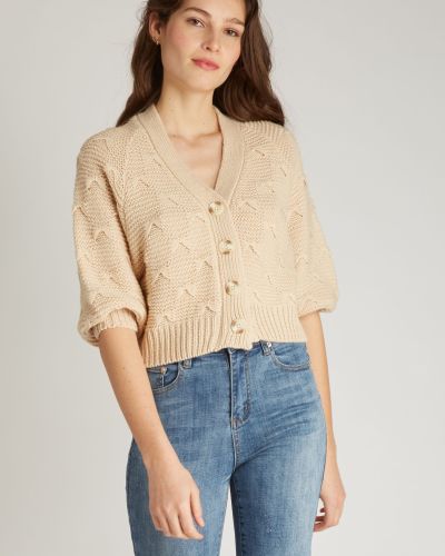 Ecru-beige gebürstete Strickjacke mit Schmetterlingsmuster