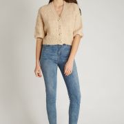 Ecru beige brushed knit sweater jacket with butterfly pattern