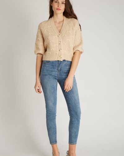 Ecru-beige gebürstete Strickjacke mit Schmetterlingsmuster