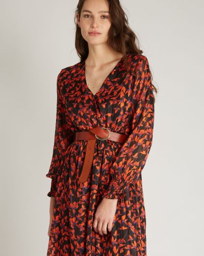 Robe longue imprimé fleuri rouge sur fond noir,  a rayures fines en lurex