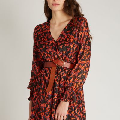 Robe longue imprimé fleuri rouge sur fond noir,  a rayures fines en lurex