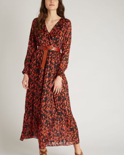 Robe longue imprimé fleuri rouge sur fond noir,  a rayures fines en lurex