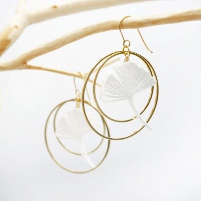 Ginko leaf earrings framed with two silver hoops.