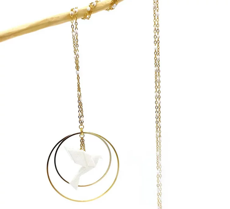 Collier sautoir avec oiseau origami impression 3D chaîne colorée