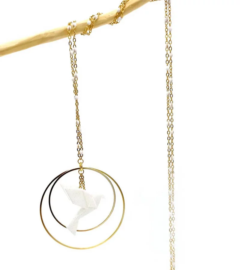 Collier sautoir avec oiseau origami impression 3D chaîne colorée