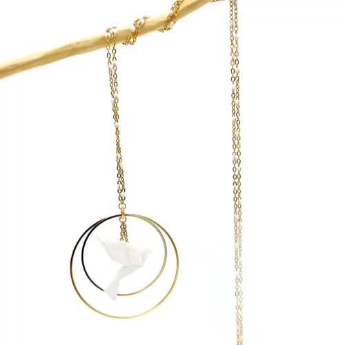 Collier sautoir avec oiseau origami impression 3D chaîne colorée