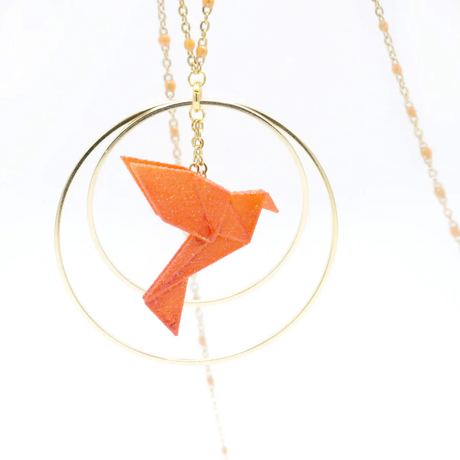 Collier sautoir avec oiseau origami impression 3D chaîne colorée