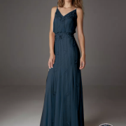 Long navy blue dress, embroidered with pearls with foliage pattern on stems