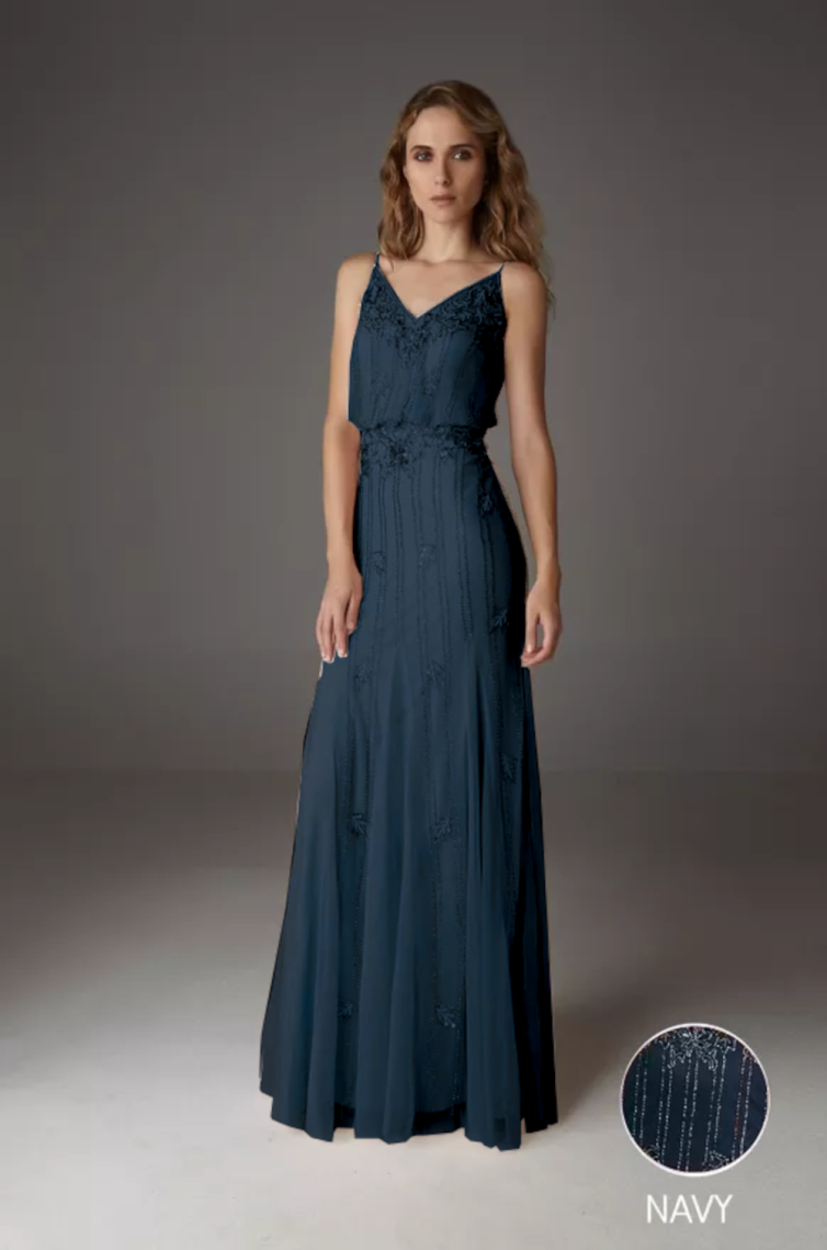 Robe longue bleu marine, rebrodée de perles avec motif feuillage sur tiges