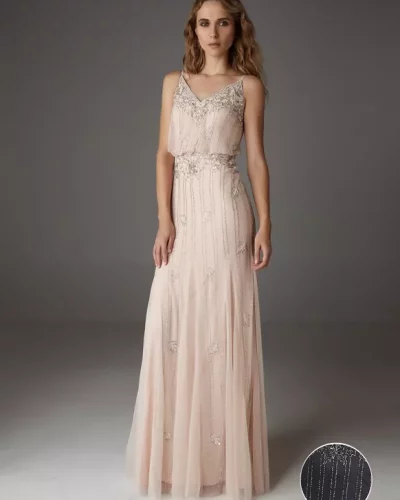 Robe longue bleu marine, rebrodée de perles avec motif feuillage sur tiges