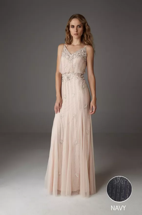 Long navy blue dress, embroidered with pearls with foliage pattern on stems