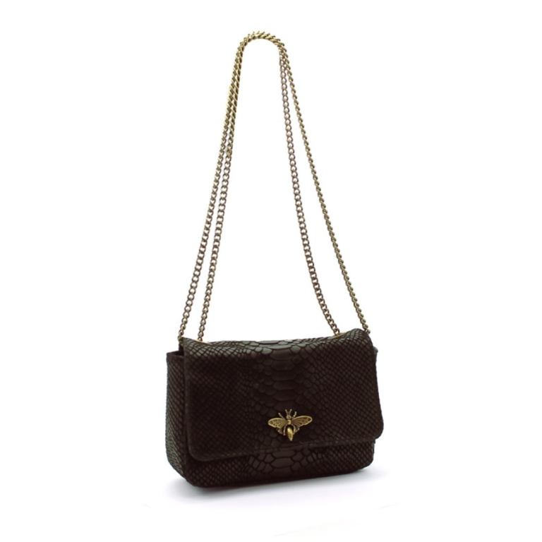 Pressed leather bag with uniform color snake pattern with metal chain bee clasp