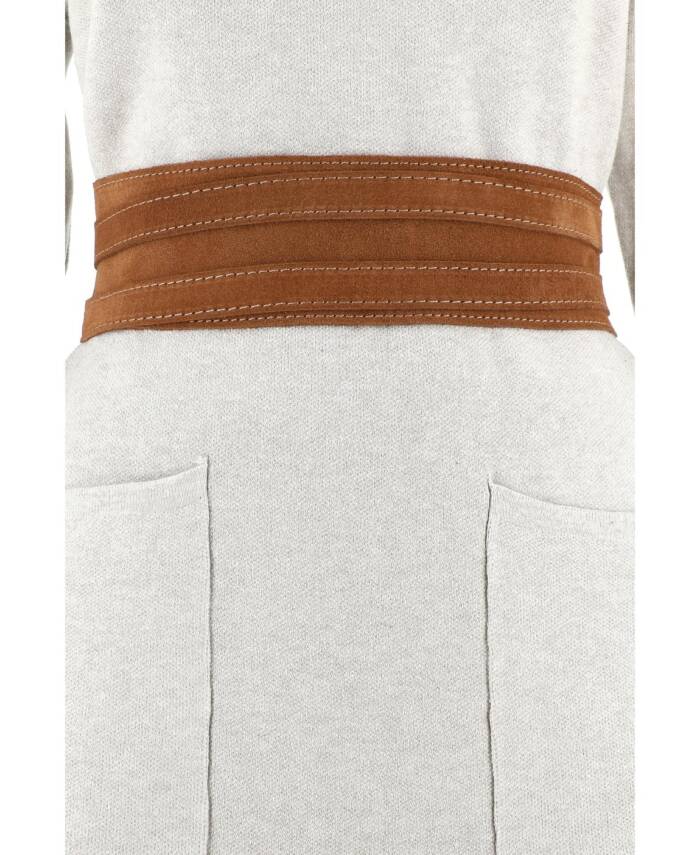 Soft obi belt in stitched brown suede to tie