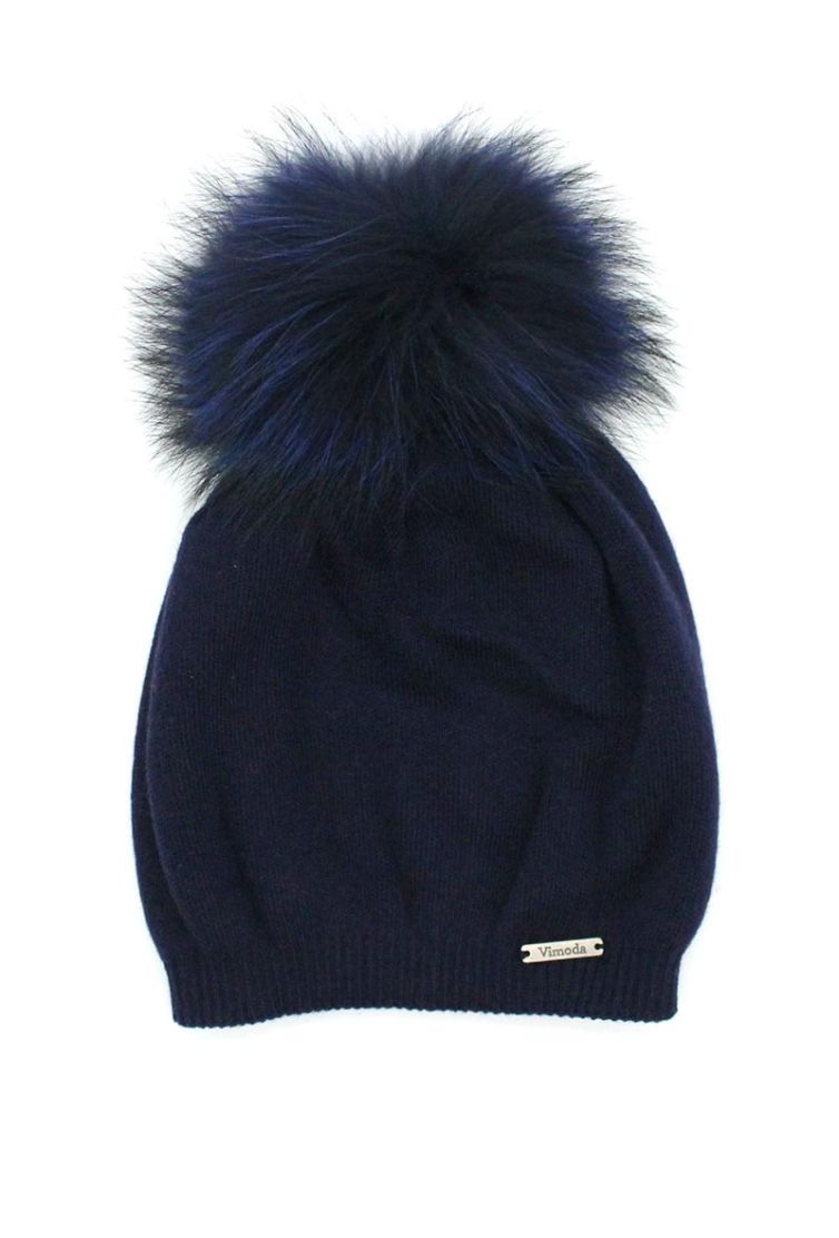 Bonnet femme en laine, cachemire et viscose, avec pompon en vraie fourrure