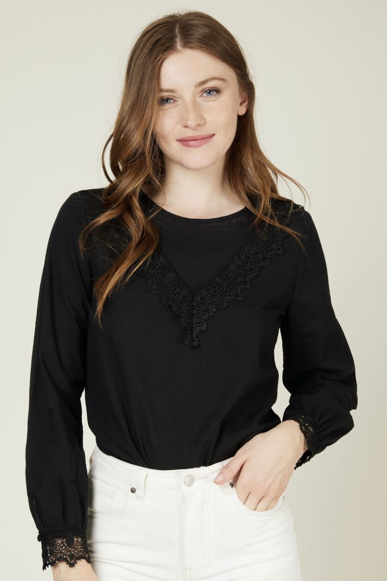 Black cotton blouse with lace ribbon on neckline and cuffs