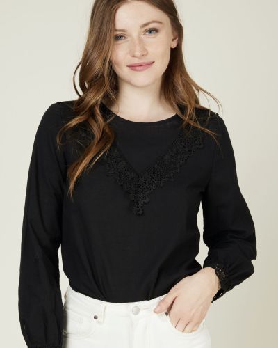 Black cotton blouse with lace ribbon on neckline and cuffs