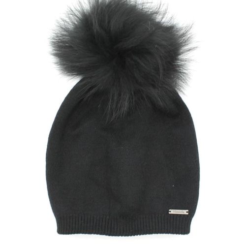 Bonnet femme en laine, cachemire et viscose, avec pompon en vraie fourrure