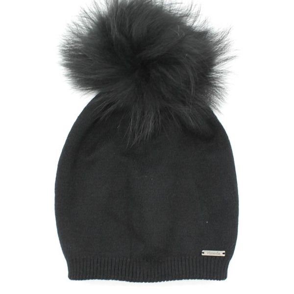 Bonnet femme en laine, cachemire et viscose, avec pompon en vraie fourrure