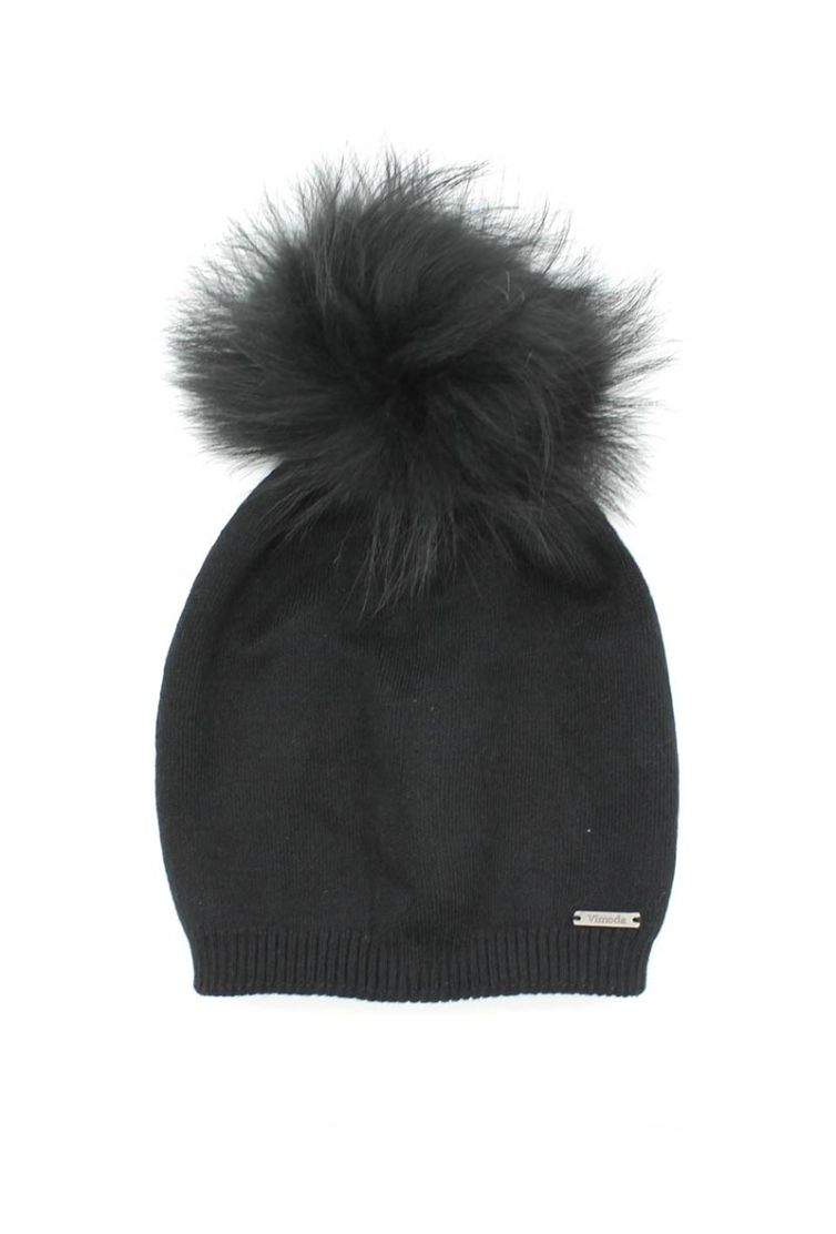 Bonnet femme en laine, cachemire et viscose, avec pompon en vraie fourrure
