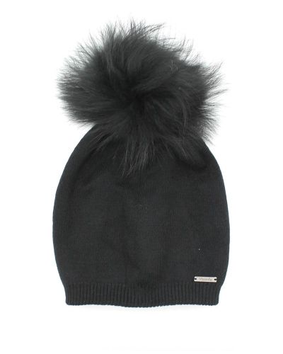 Bonnet femme en laine, cachemire et viscose, avec pompon en vraie fourrure