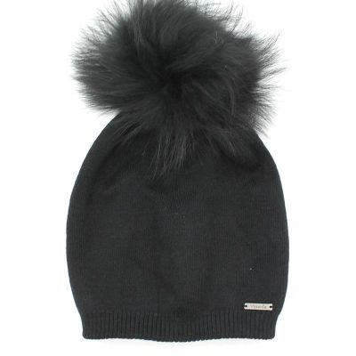 Bonnet femme en laine, cachemire et viscose, avec pompon en vraie fourrure