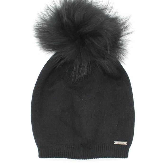 Bonnet femme en laine, cachemire et viscose, avec pompon en vraie fourrure