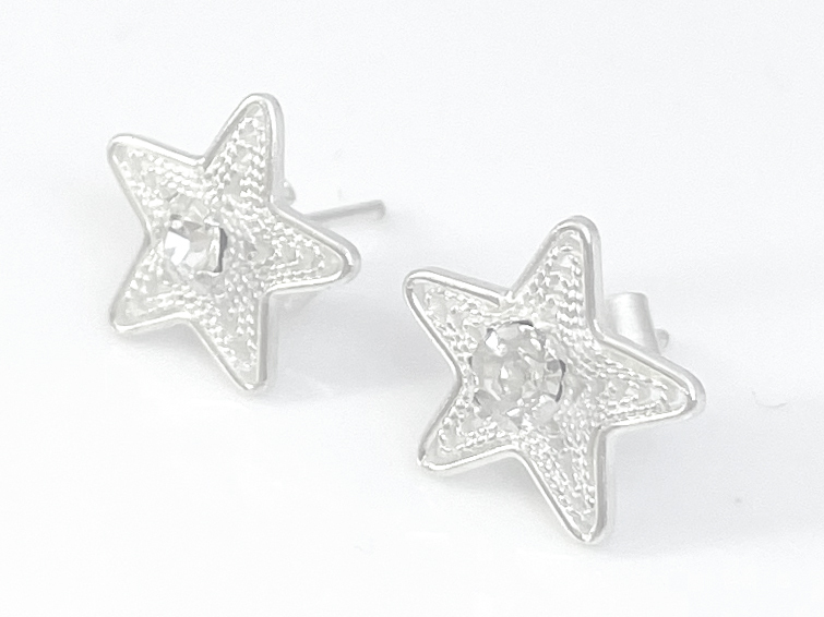 Silver Filigree Star Earrings Trimmed with White Rhinestones