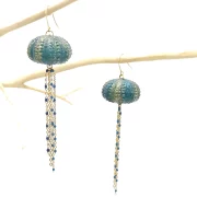 boucle d'oreille oursin originale de créateur imprimé 3d peint à la main bleu émeraude