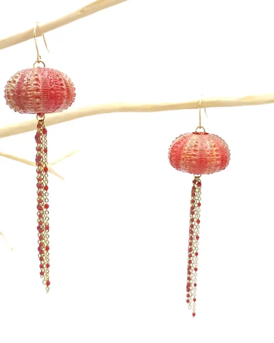 Sea urchin dangling earrings with colorful chains