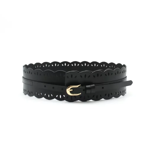 Ceinture Large en Cuir Noir à Motifs Dentelle