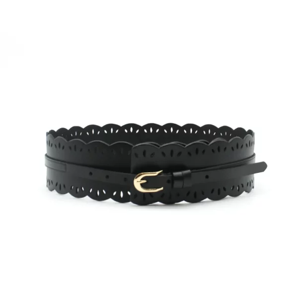 ceinture noire en cuir, de grande largeur, à motifs dentelle perforée