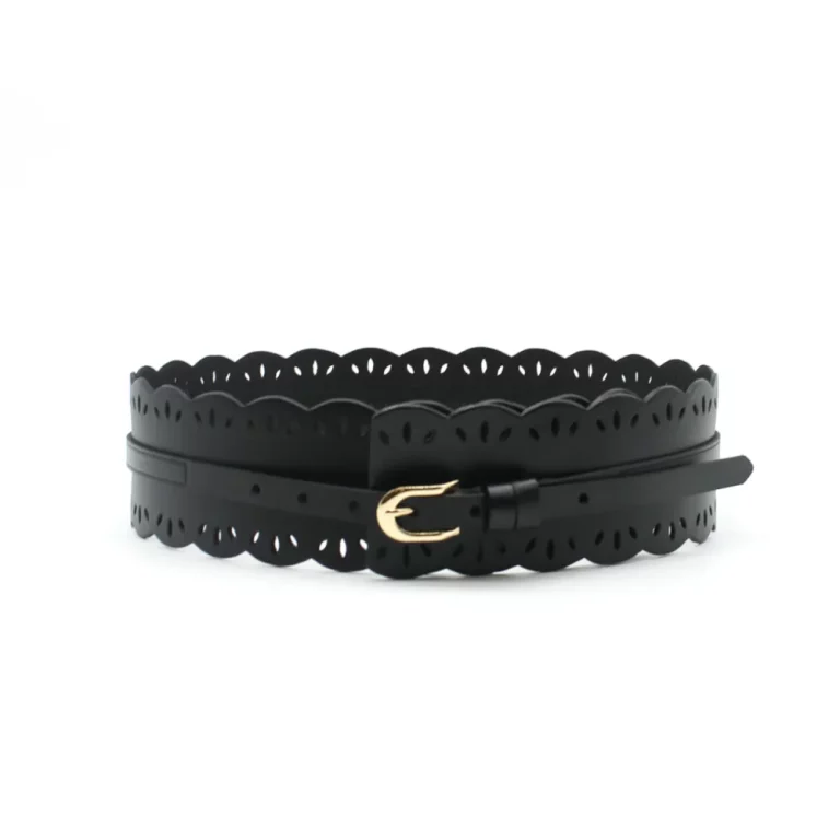 Ceinture Large en Cuir Noir à Motifs Dentelle