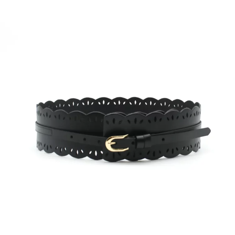 Ceinture Large en Cuir Noir à Motifs Dentelle