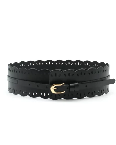 Ceinture Large en Cuir Noir à Motifs Dentelle