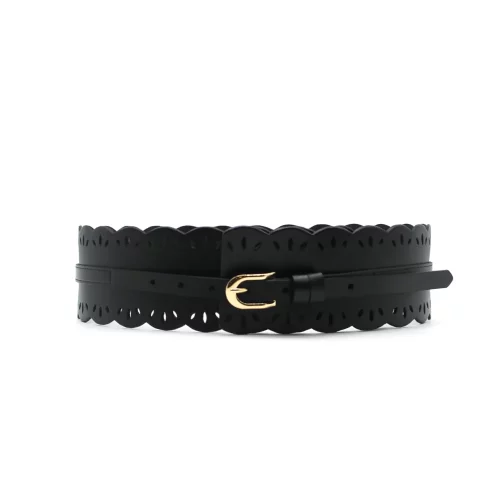 Ceinture Large en Cuir Noir à Motifs Dentelle