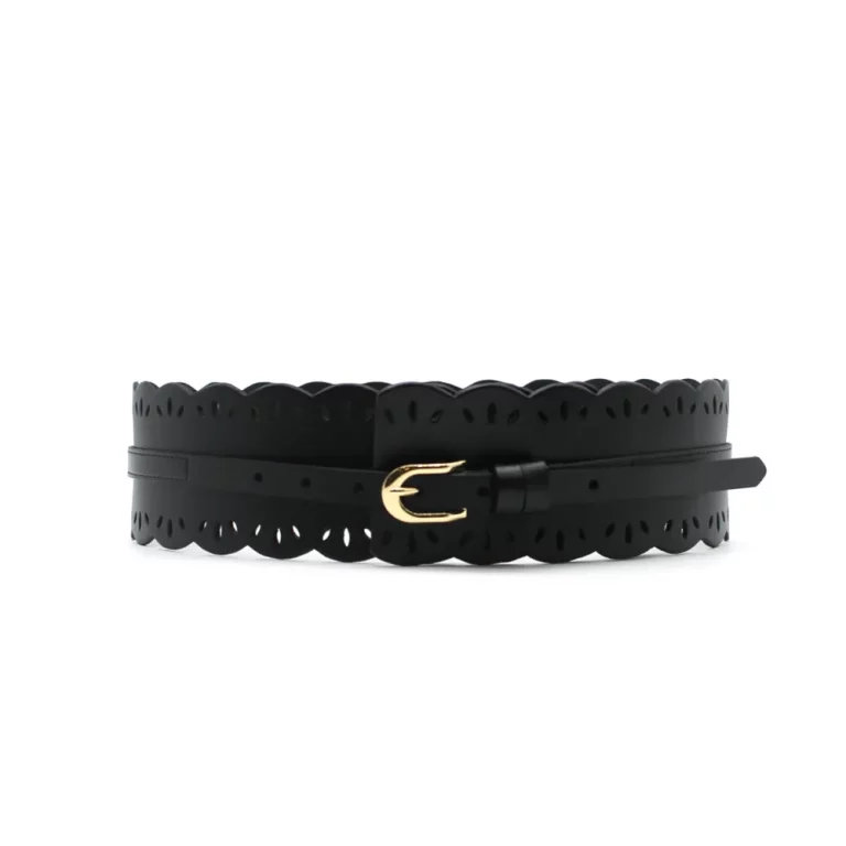 Ceinture Large en Cuir Noir à Motifs Dentelle