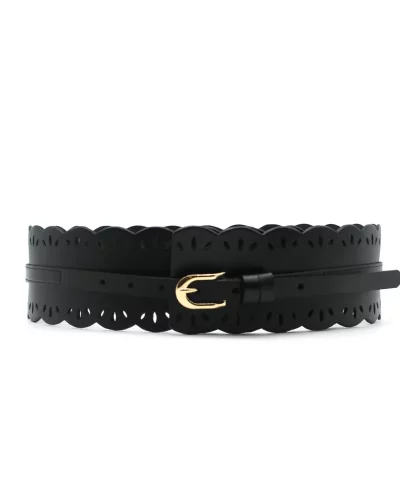 Ceinture Large en Cuir Noir à Motifs Dentelle