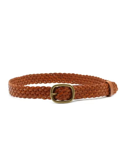 Ceinture en cuir véritable tressé brun cognac avec boucle métal couleur laiton