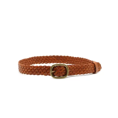 Ceinture en cuir véritable tressé brun cognac ou marron avec boucle métal couleur laiton