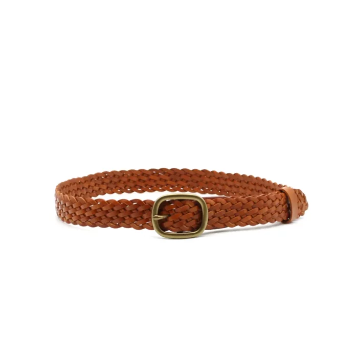 Ceinture en cuir véritable tressé brun cognac ou marron avec boucle métal couleur laiton