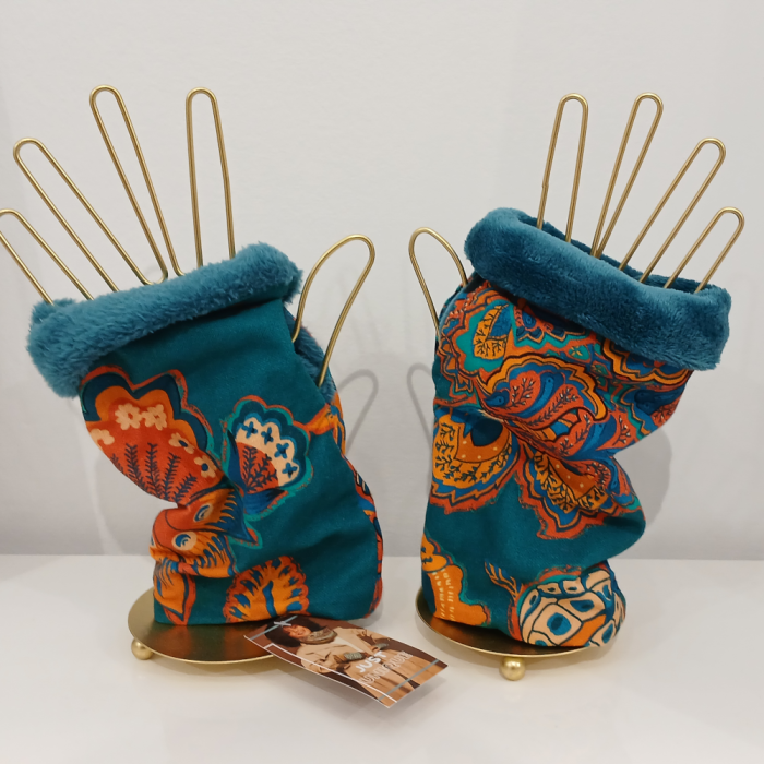 Gants manchons d&rsquo;hiver, sans doigts en velours fausse fourrure et tissu imprimé coloré