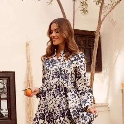 Navy blue floral print cotton maxi dress with flared silhouette with loose ruffle