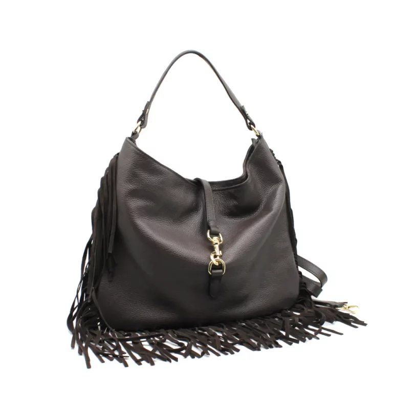 Grand sac besace de cuir véritable grainé brun marron à franges avec fermeture mousqueton doré