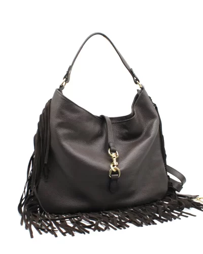 Grand sac besace de cuir véritable grainé brun marron à franges avec fermeture mousqueton doré