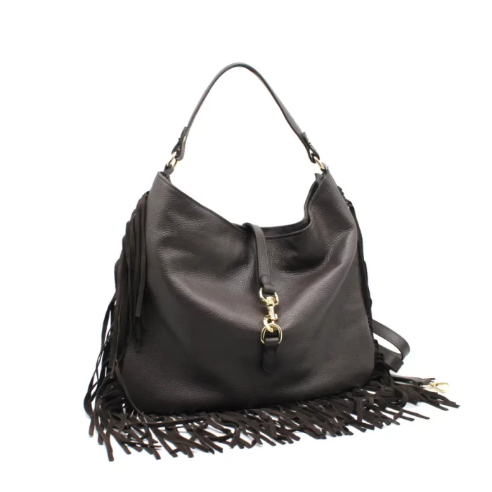 Grand sac besace de cuir véritable grainé brun marron à franges avec fermeture mousqueton doré