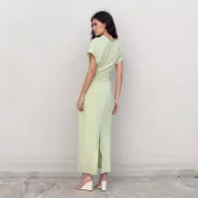 Pastel mint draped maxi dress with high V-back neckline and elegant slit