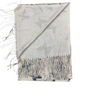 Women&rsquo;s scarf with blue and yellow beige butterfly print with fringes in viscose wool