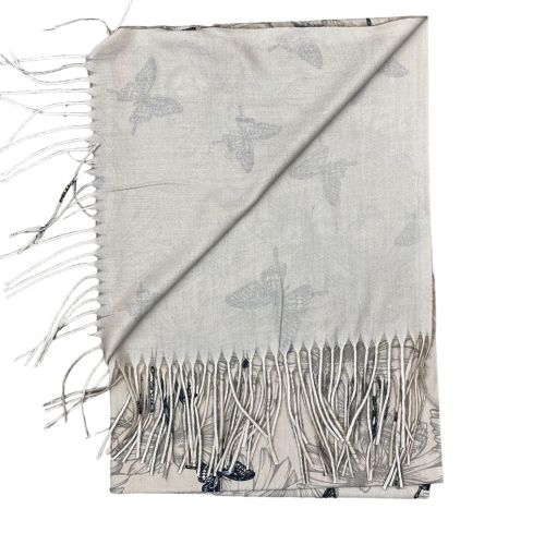 Écharpe femme imprimé papillons bleu et jaune beige à franges en viscose laine